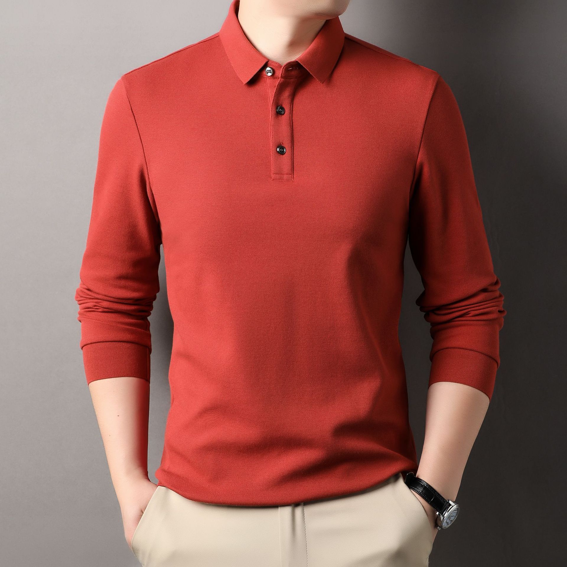Spring and Autumn Long Sleeve Polo Shirt Men Middle-aged Waffle Casual Large Size Lapel T-shirt Shirt