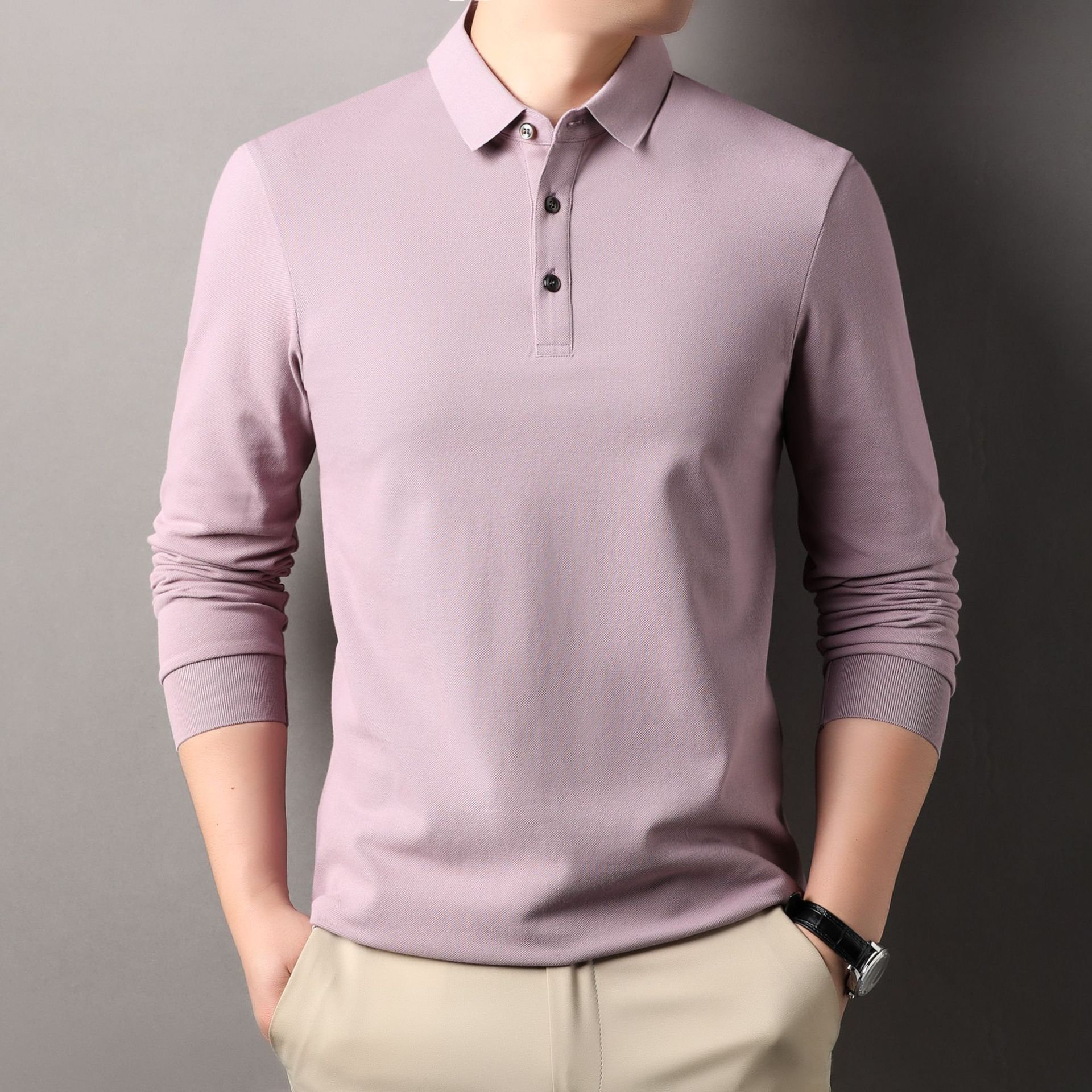 Spring and Autumn Long Sleeve Polo Shirt Men Middle-aged Waffle Casual Large Size Lapel T-shirt Shirt
