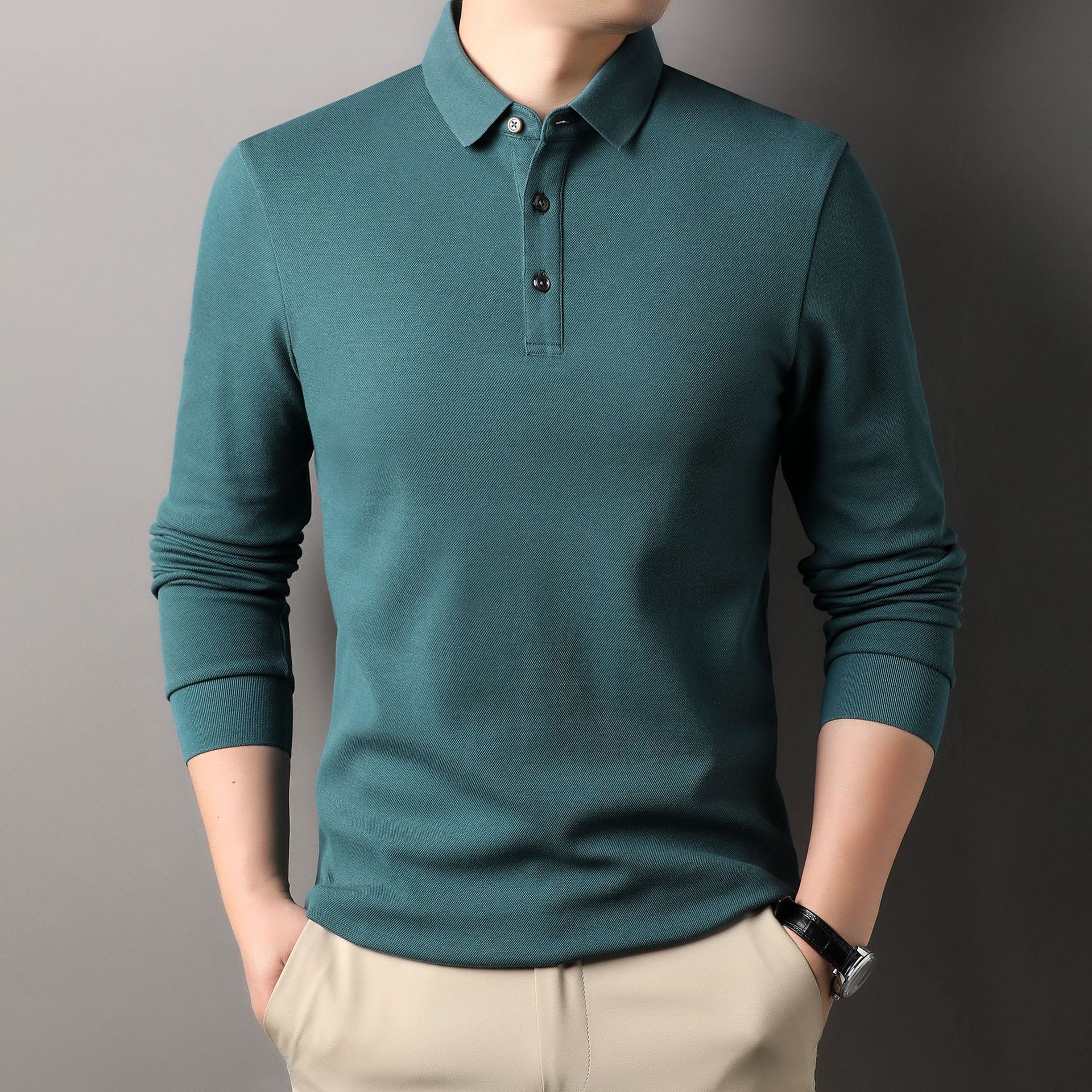 Spring and Autumn Long Sleeve Polo Shirt Men Middle-aged Waffle Casual Large Size Lapel T-shirt Shirt
