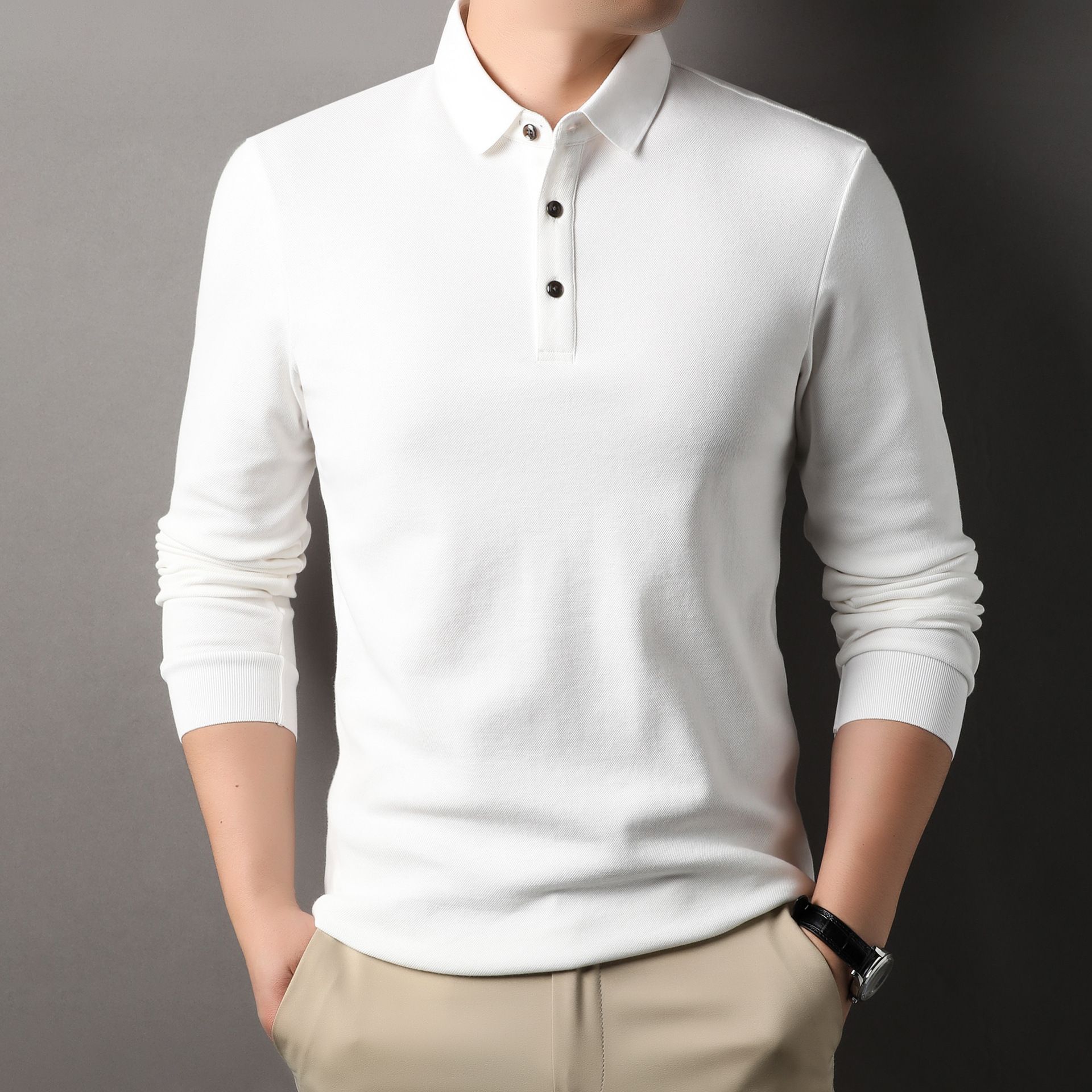 Spring and Autumn Long Sleeve Polo Shirt Men Middle-aged Waffle Casual Large Size Lapel T-shirt Shirt