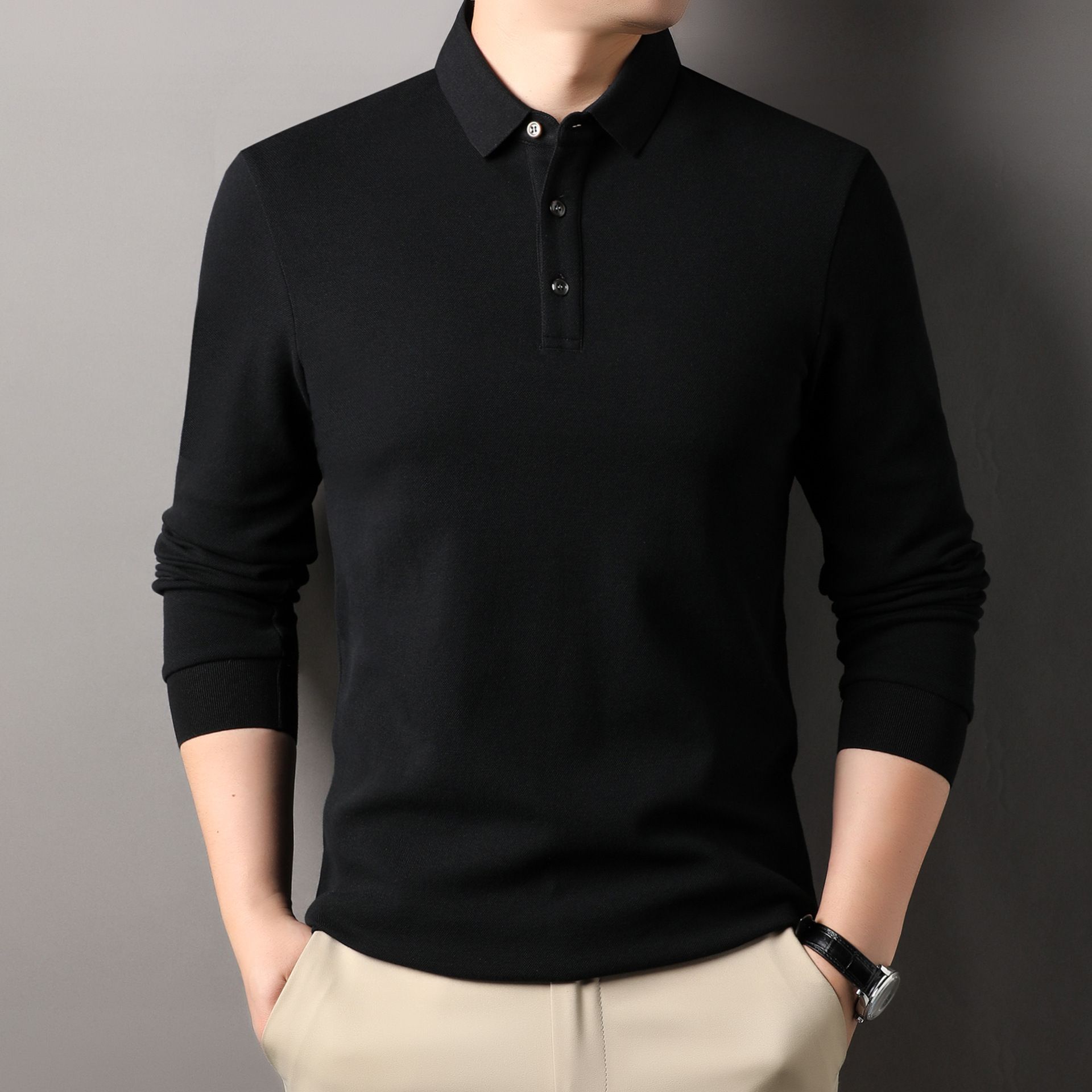 Spring and Autumn Long Sleeve Polo Shirt Men Middle-aged Waffle Casual Large Size Lapel T-shirt Shirt