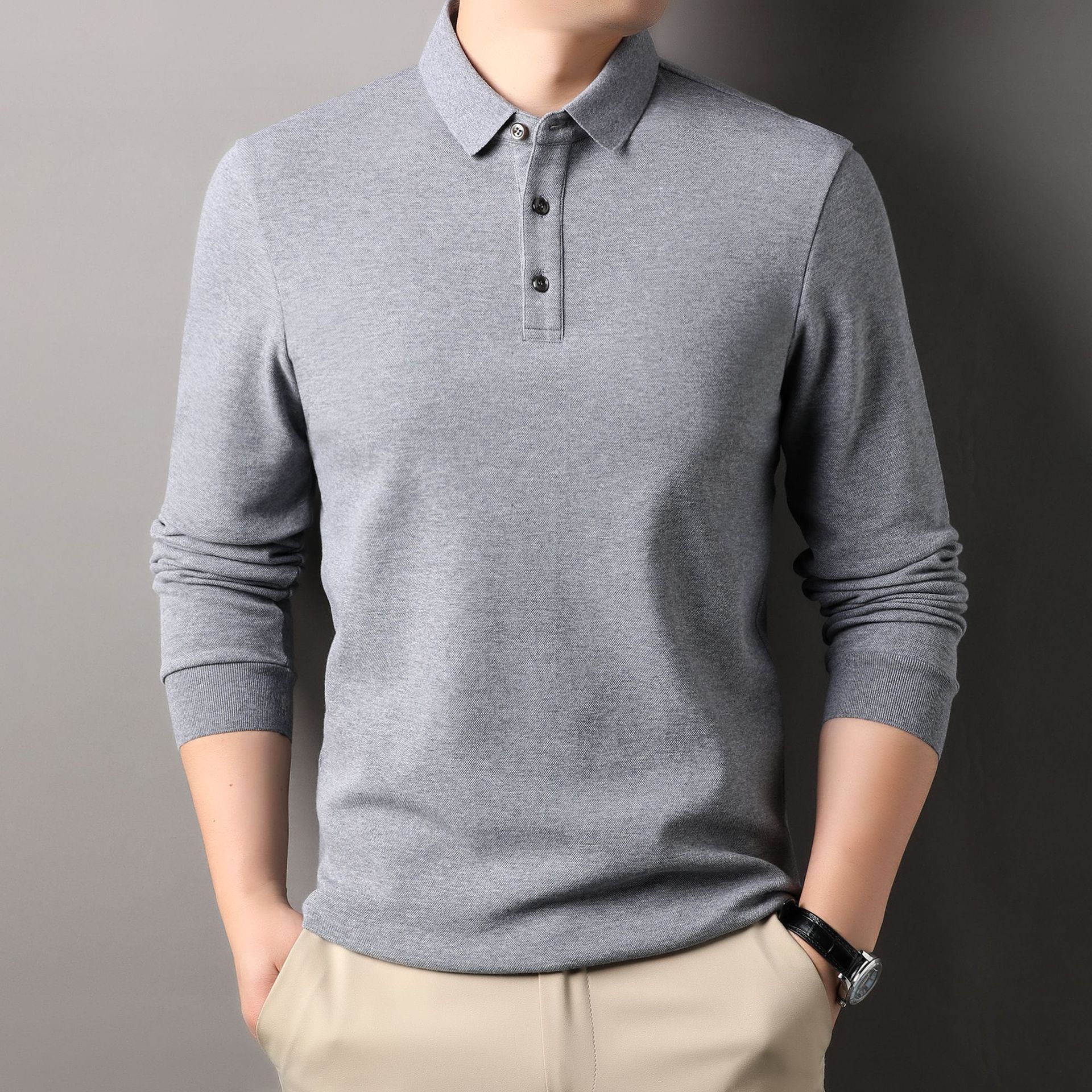 Spring and Autumn Long Sleeve Polo Shirt Men Middle-aged Waffle Casual Large Size Lapel T-shirt Shirt