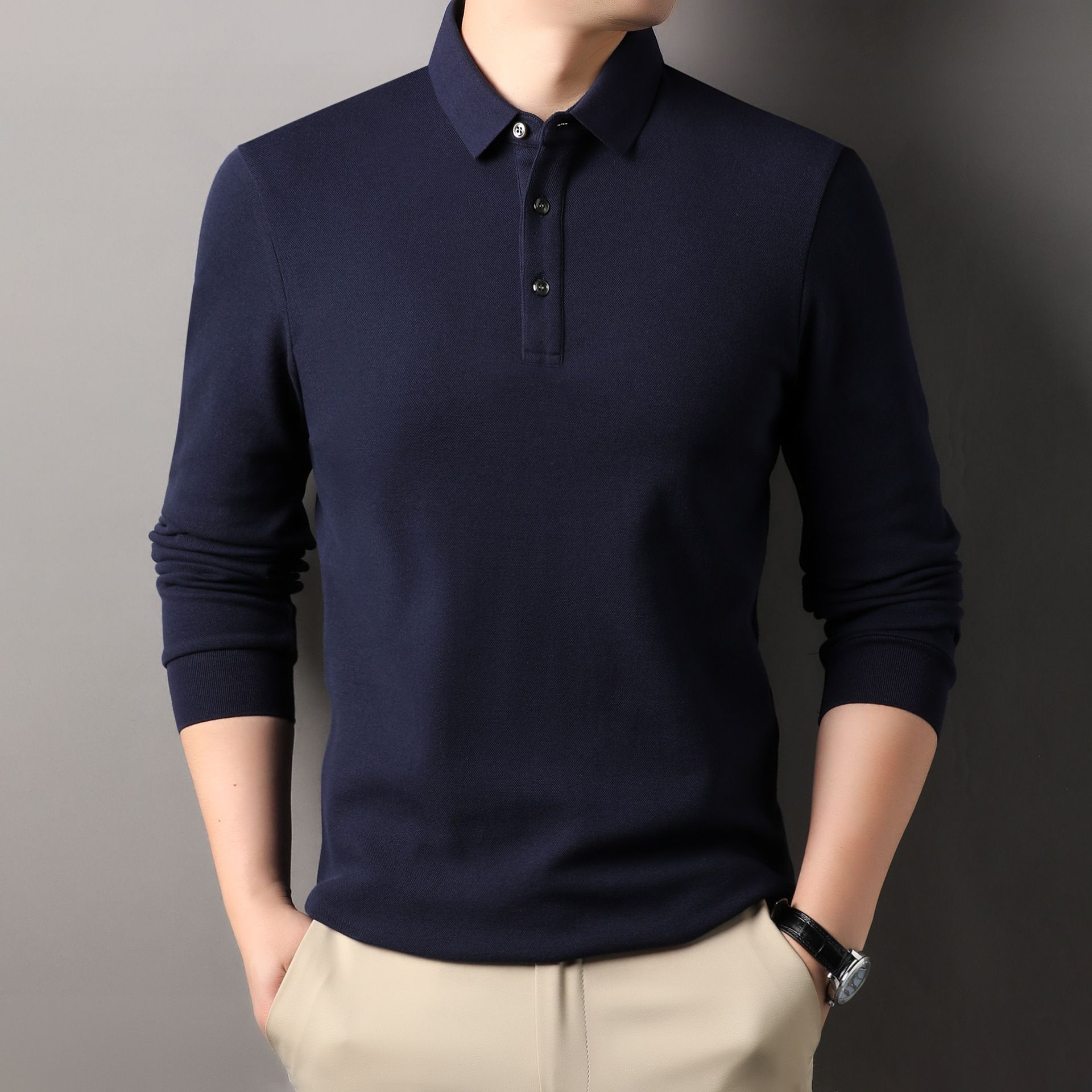 Spring and Autumn Long Sleeve Polo Shirt Men Middle-aged Waffle Casual Large Size Lapel T-shirt Shirt