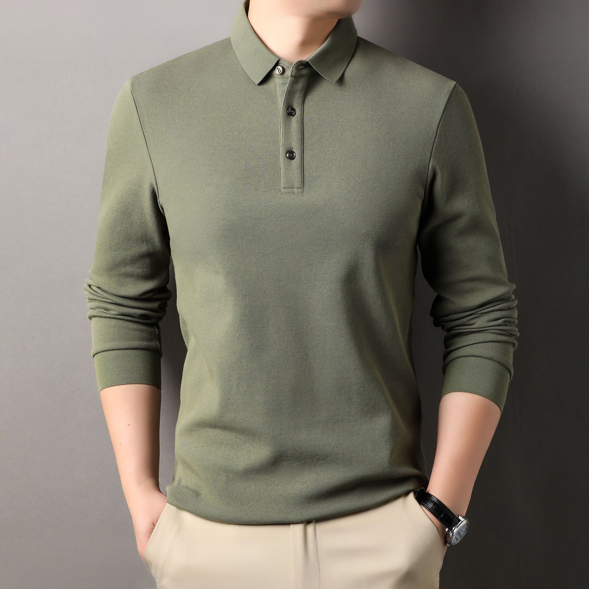 Spring and Autumn Long Sleeve Polo Shirt Men Middle-aged Waffle Casual Large Size Lapel T-shirt Shirt
