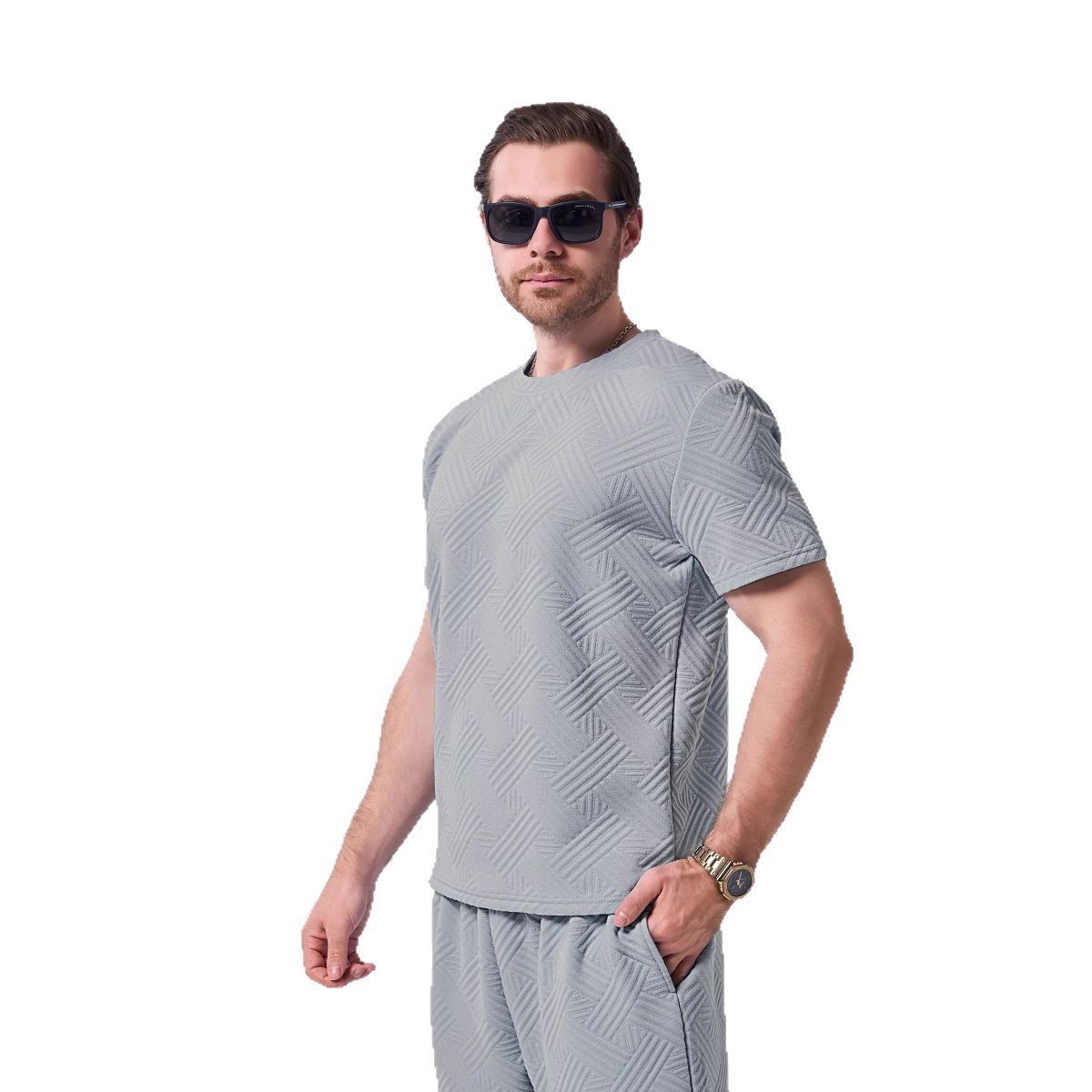 Summer Men's New Knitted Jacquard Solid Color Round Neck Short Sleeve Casual T-shirt