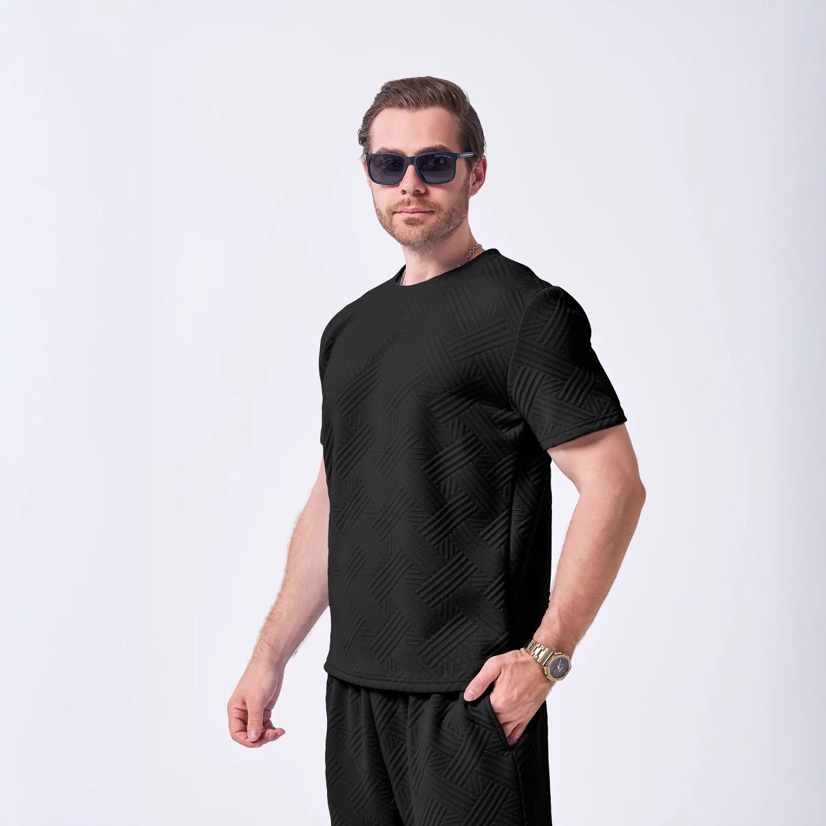 Summer Men's New Knitted Jacquard Solid Color Round Neck Short Sleeve Casual T-shirt