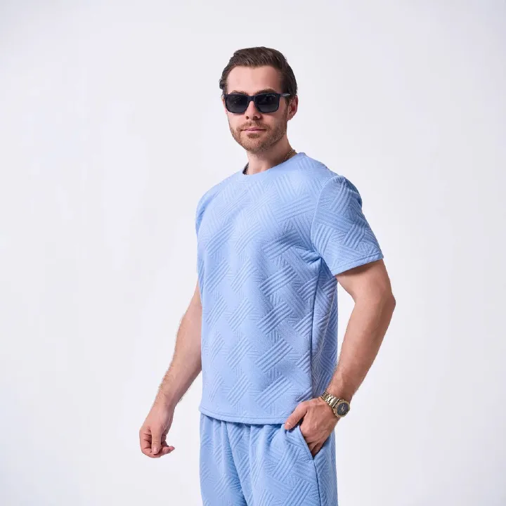 Summer Men's New Knitted Jacquard Solid Color Round Neck Short Sleeve Casual T-shirt