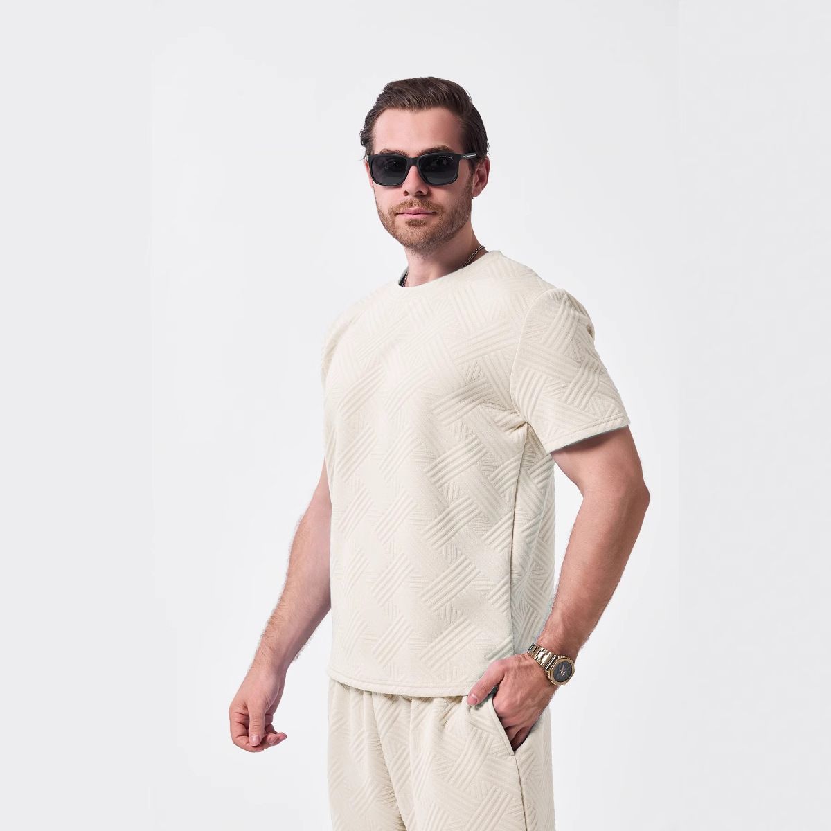 Summer Men's New Knitted Jacquard Solid Color Round Neck Short Sleeve Casual T-shirt