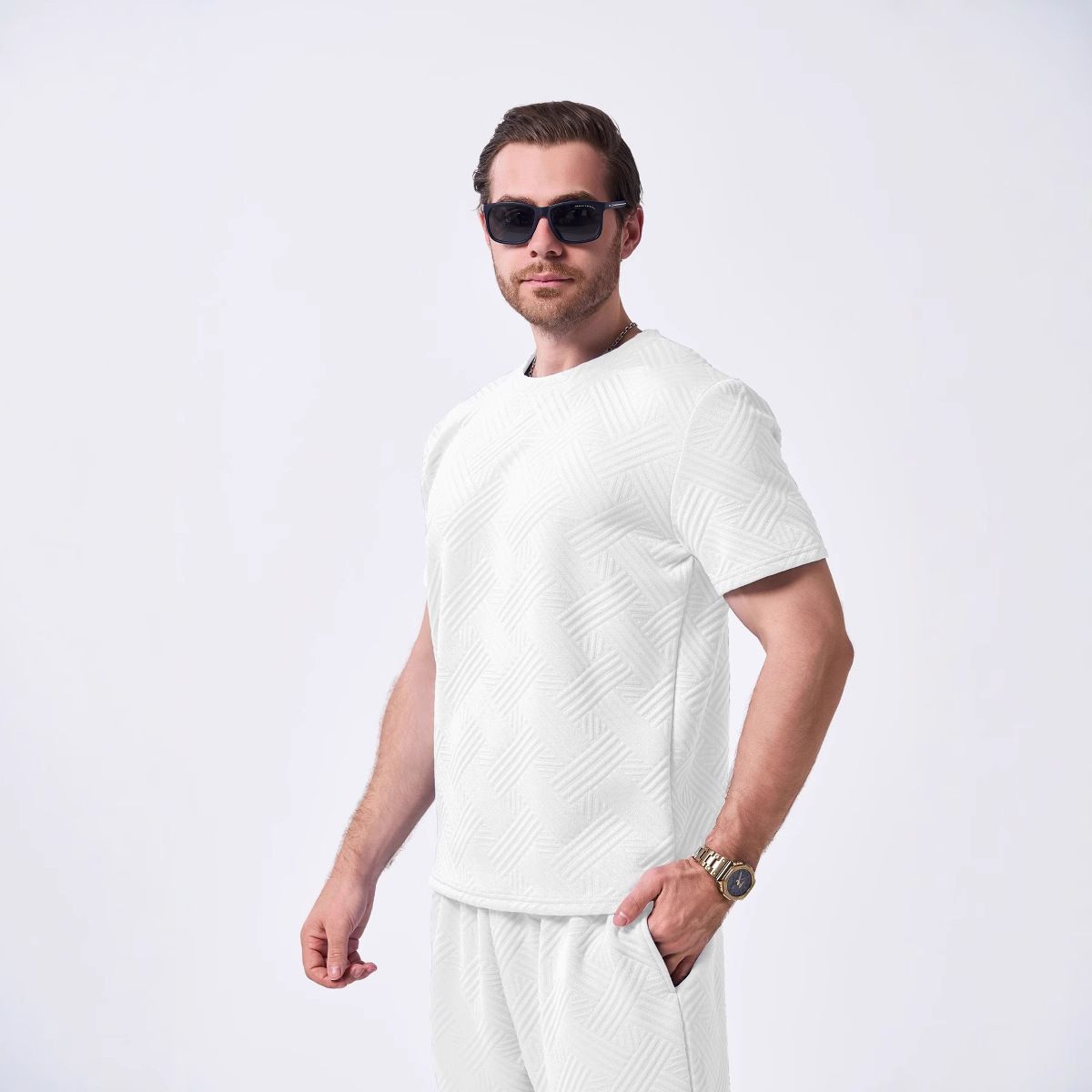 Summer Men's New Knitted Jacquard Solid Color Round Neck Short Sleeve Casual T-shirt