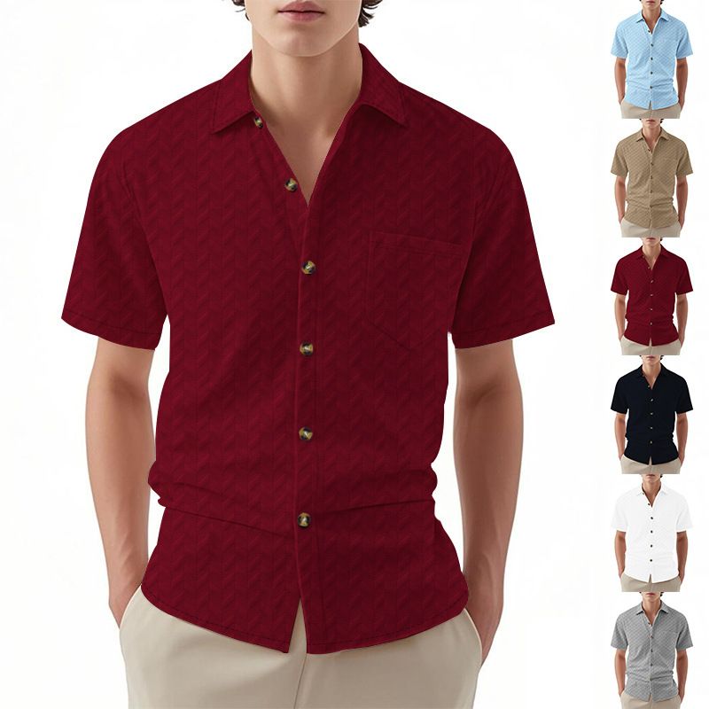American Casual Jacquard Short Sleeve Woven Men's Shirt Custom  Cuban Collar Button Breathable Woven Mens T Shirts