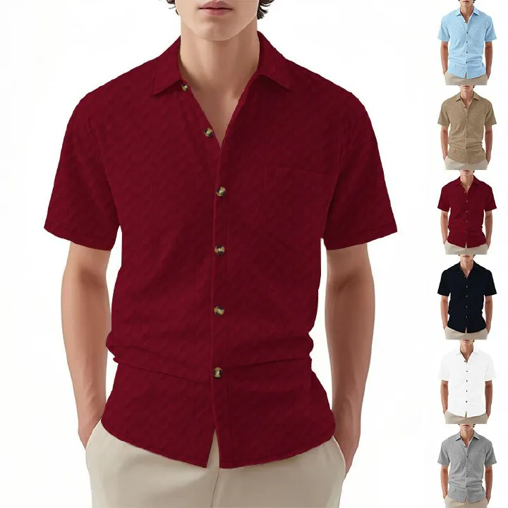 American Casual Jacquard Short Sleeve Woven Men's Shirt Custom  Cuban Collar Button Breathable Woven Mens T Shirts