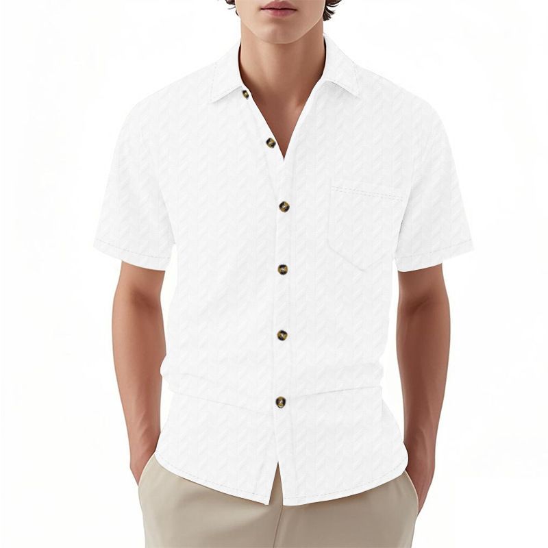 American Casual Jacquard Short Sleeve Woven Men's Shirt Custom  Cuban Collar Button Breathable Woven Mens T Shirts