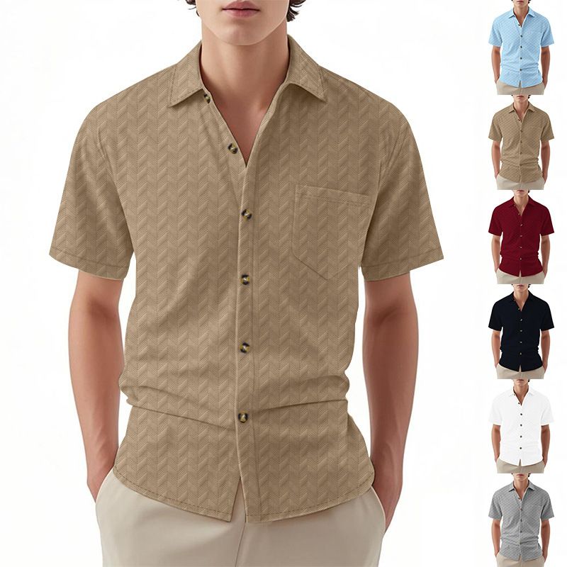 American Casual Jacquard Short Sleeve Woven Men's Shirt Custom  Cuban Collar Button Breathable Woven Mens T Shirts