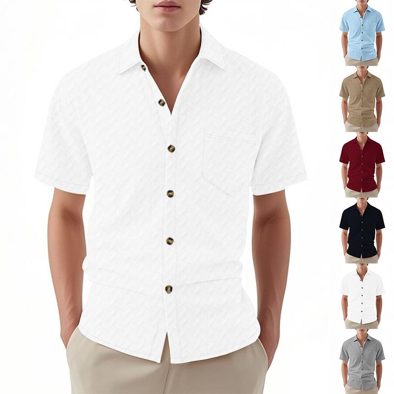 American Casual Jacquard Short Sleeve Woven Men's Shirt Custom  Cuban Collar Button Breathable Woven Mens T Shirts