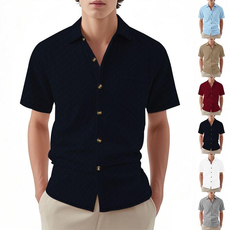 American Casual Jacquard Short Sleeve Woven Men's Shirt Custom  Cuban Collar Button Breathable Woven Mens T Shirts