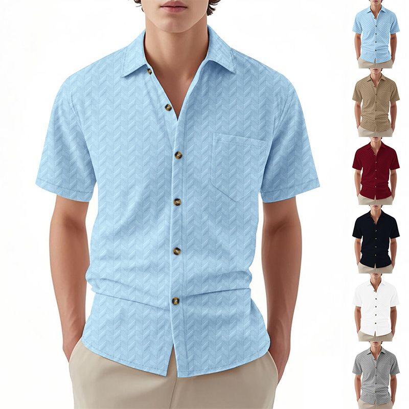American Casual Jacquard Short Sleeve Woven Men's Shirt Custom  Cuban Collar Button Breathable Woven Mens T Shirts