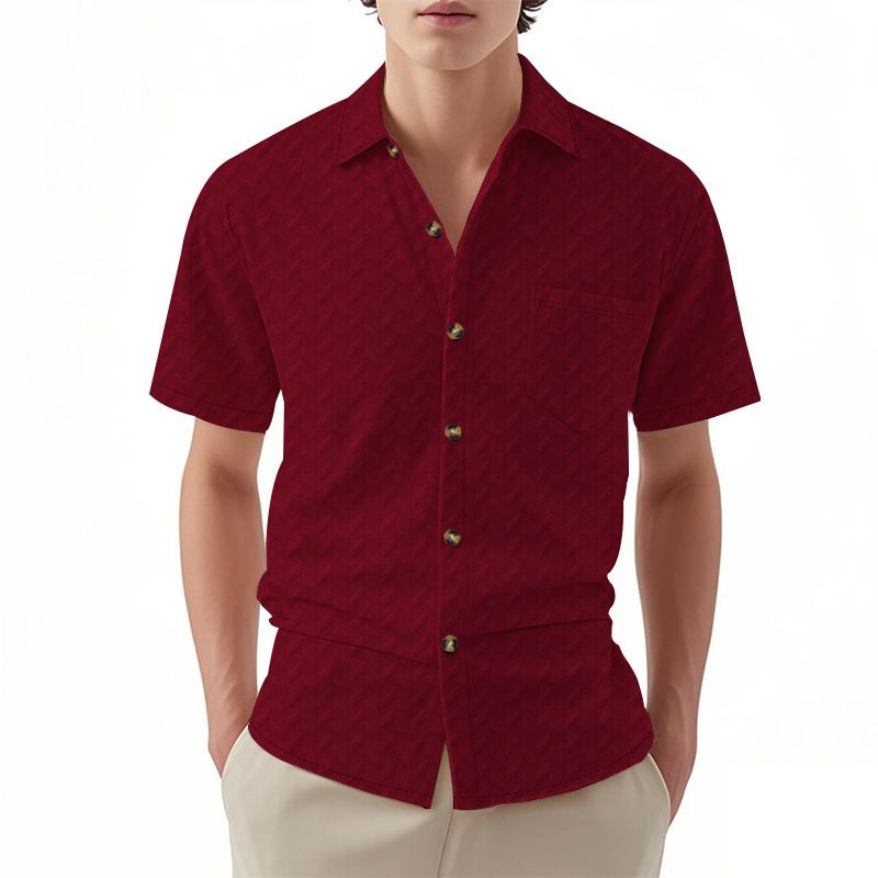 American Casual Jacquard Short Sleeve Woven Men's Shirt Custom  Cuban Collar Button Breathable Woven Mens T Shirts