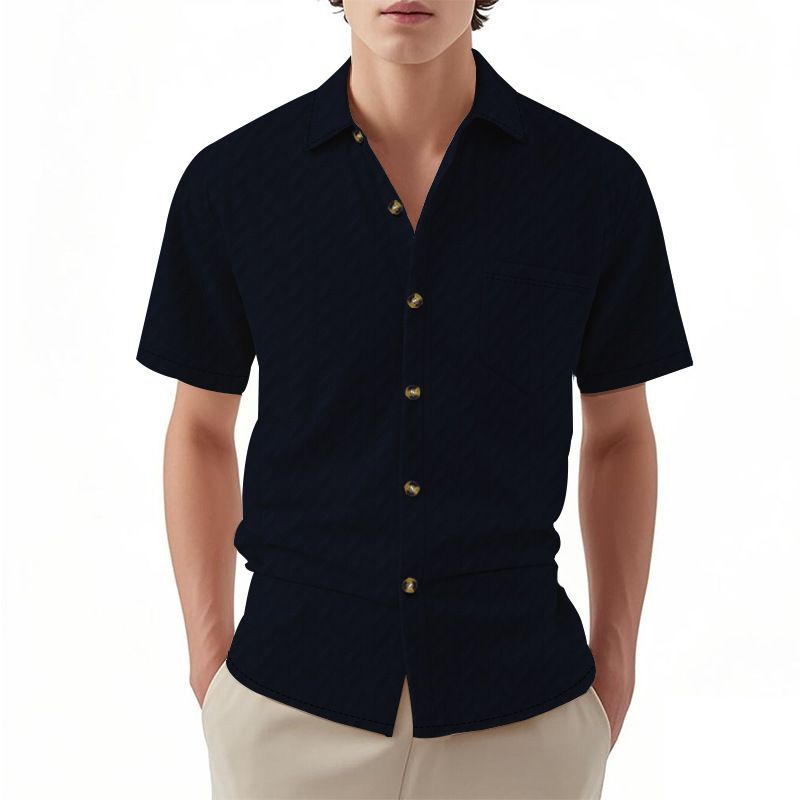 American Casual Jacquard Short Sleeve Woven Men's Shirt Custom  Cuban Collar Button Breathable Woven Mens T Shirts