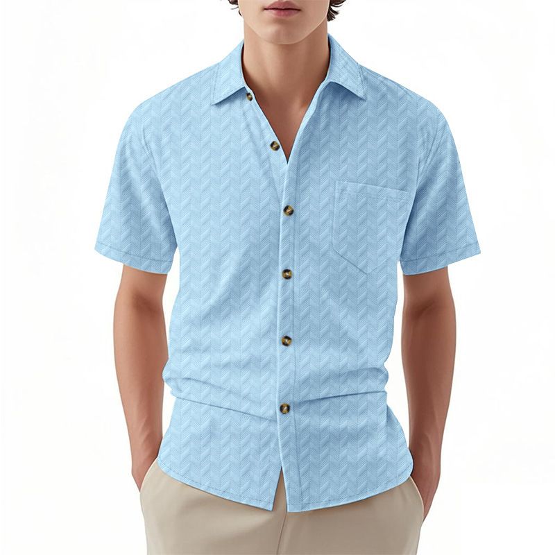 American Casual Jacquard Short Sleeve Woven Men's Shirt Custom  Cuban Collar Button Breathable Woven Mens T Shirts