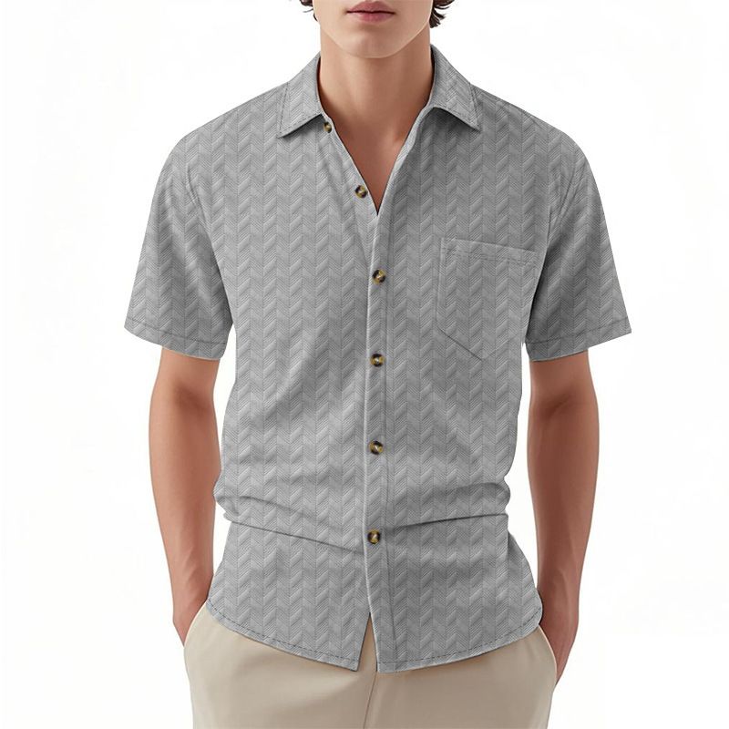 American Casual Jacquard Short Sleeve Woven Men's Shirt Custom  Cuban Collar Button Breathable Woven Mens T Shirts