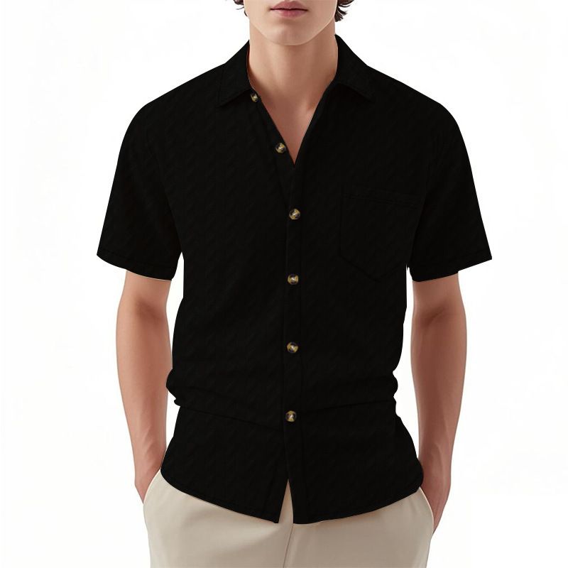 American Casual Jacquard Short Sleeve Woven Men's Shirt Custom  Cuban Collar Button Breathable Woven Mens T Shirts