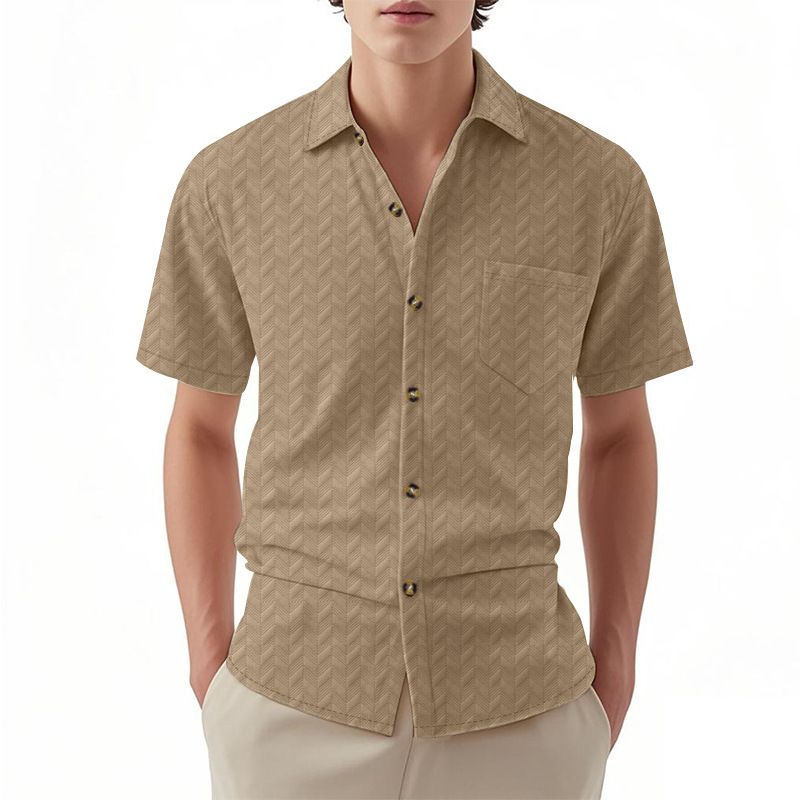 American Casual Jacquard Short Sleeve Woven Men's Shirt Custom  Cuban Collar Button Breathable Woven Mens T Shirts