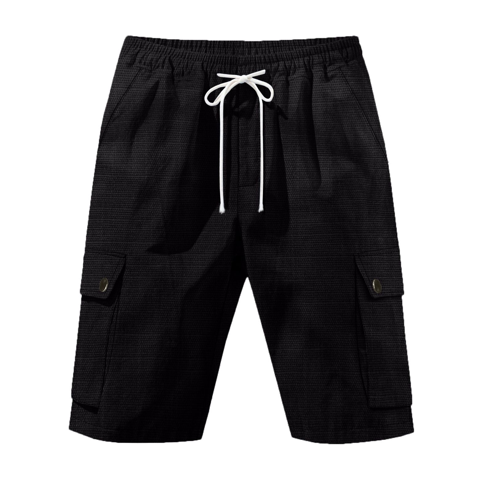 Linen Shorts Men Summer Casual Pure Color Multi Pockets Cargo Shorts Gyms Mens Drawstring Shorts
