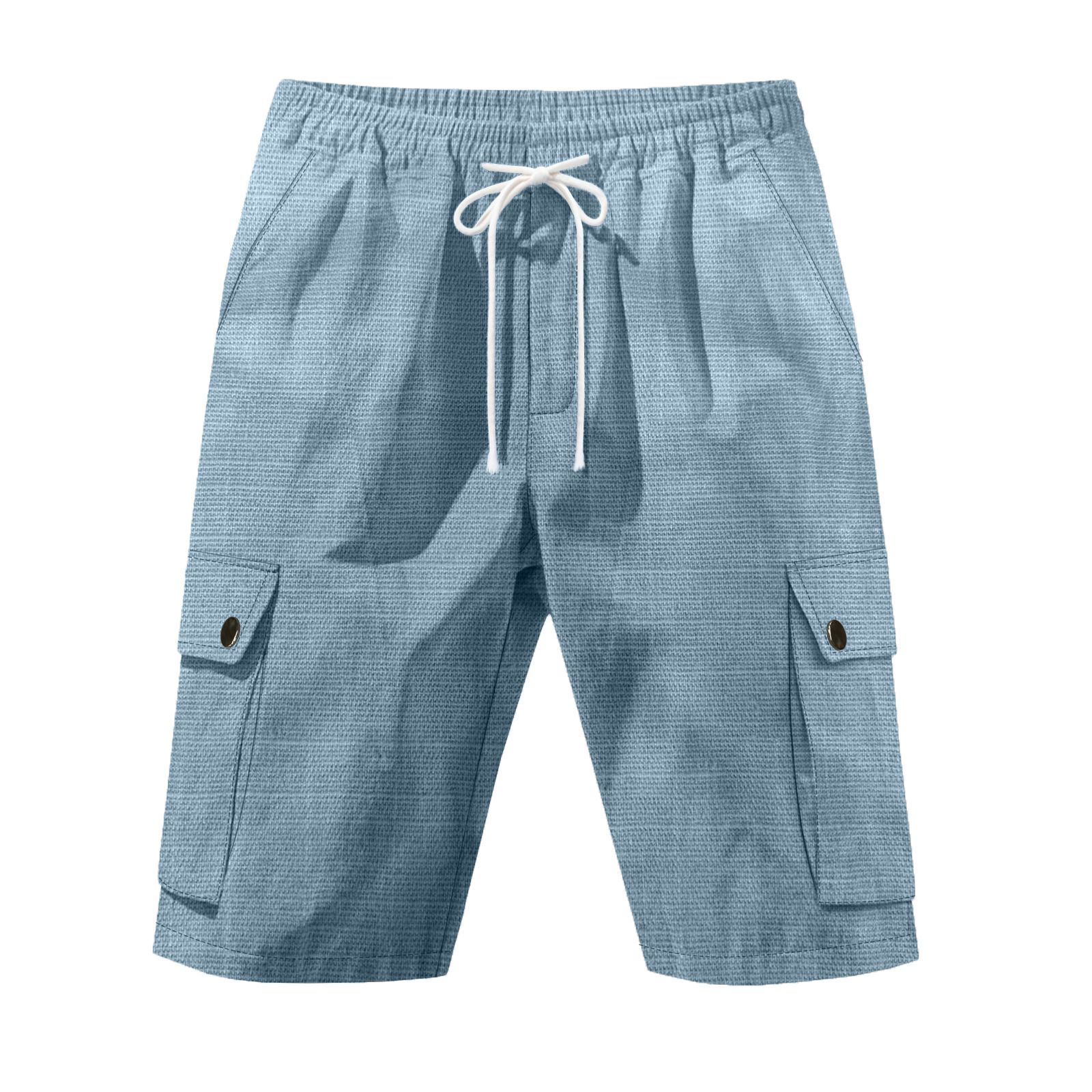 Linen Shorts Men Summer Casual Pure Color Multi Pockets Cargo Shorts Gyms Mens Drawstring Shorts