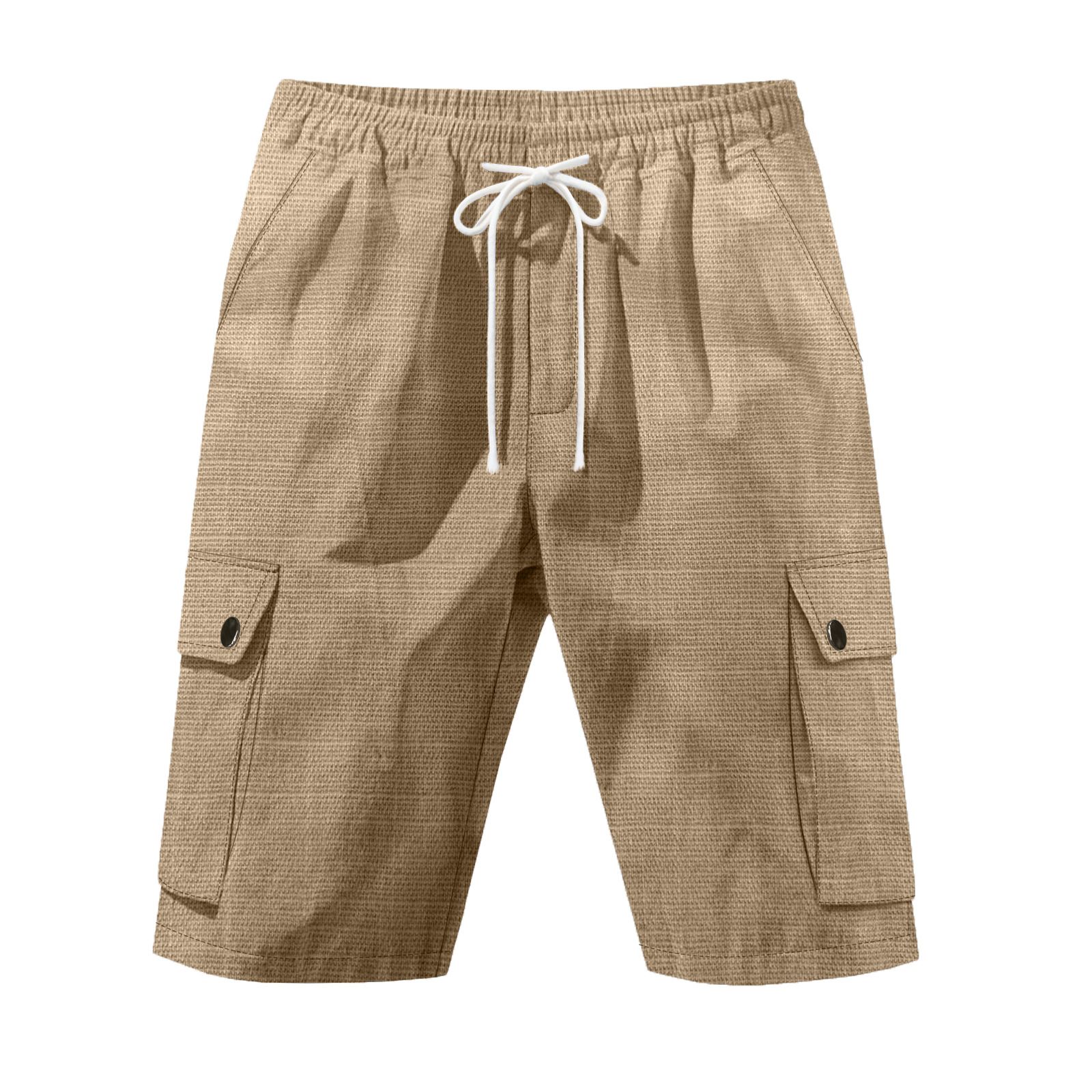 Linen Shorts Men Summer Casual Pure Color Multi Pockets Cargo Shorts Gyms Mens Drawstring Shorts