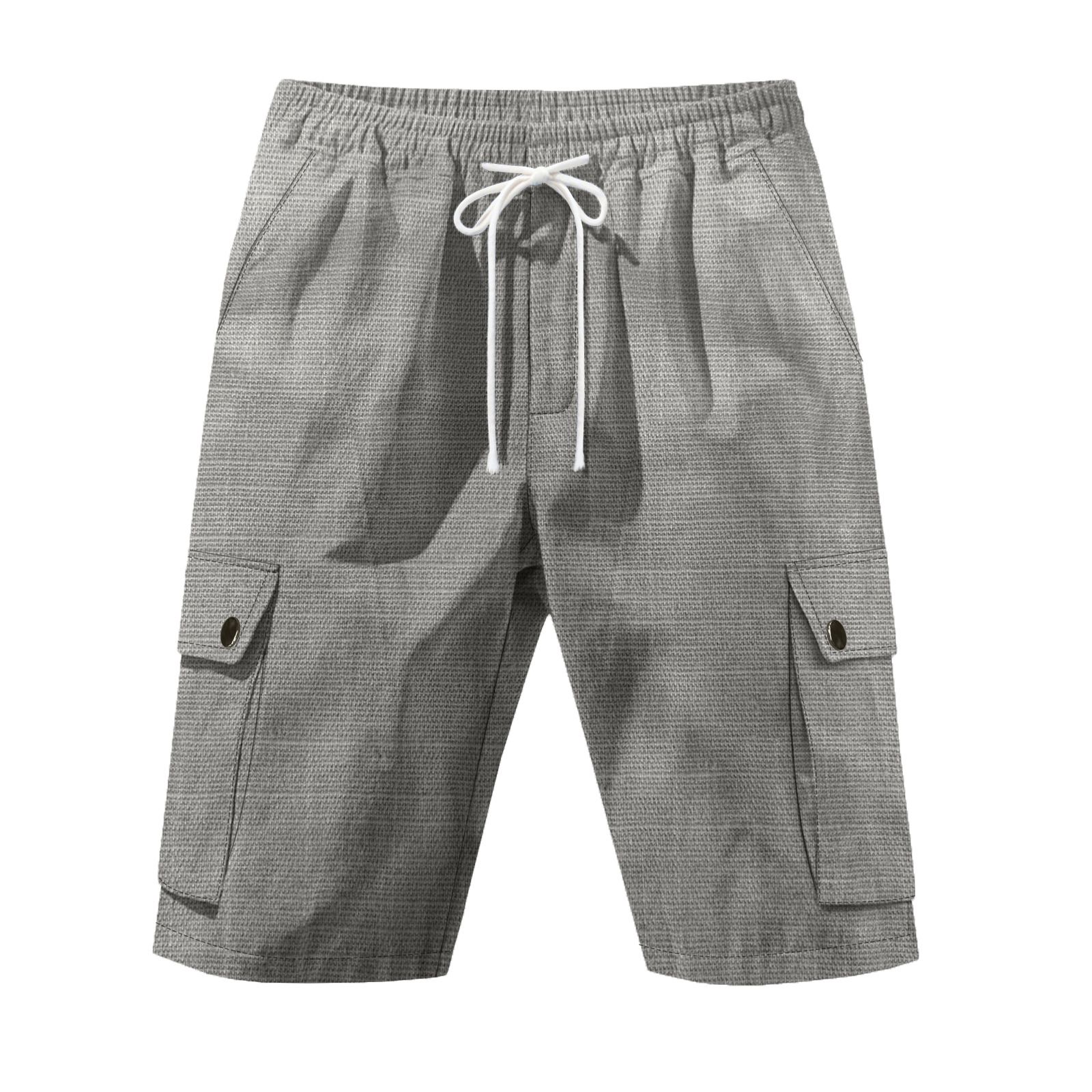 Linen Shorts Men Summer Casual Pure Color Multi Pockets Cargo Shorts Gyms Mens Drawstring Shorts