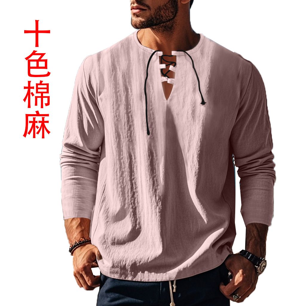 Autumn Men's Casual Ralph T-Shirt Cross-Border V-Neck with Loose Strap Solid Color Long Sleeve Cotton Linen Beach Jacket  T-Shirts