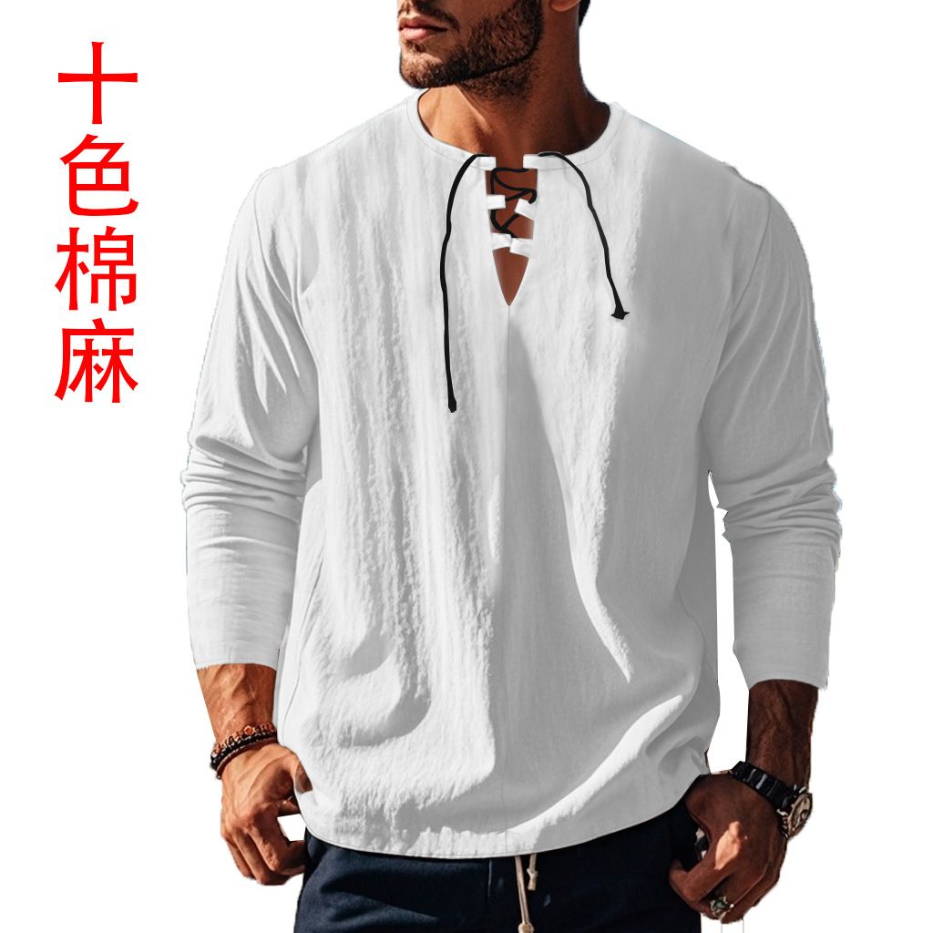 Autumn Men's Casual Ralph T-Shirt Cross-Border V-Neck with Loose Strap Solid Color Long Sleeve Cotton Linen Beach Jacket  T-Shirts