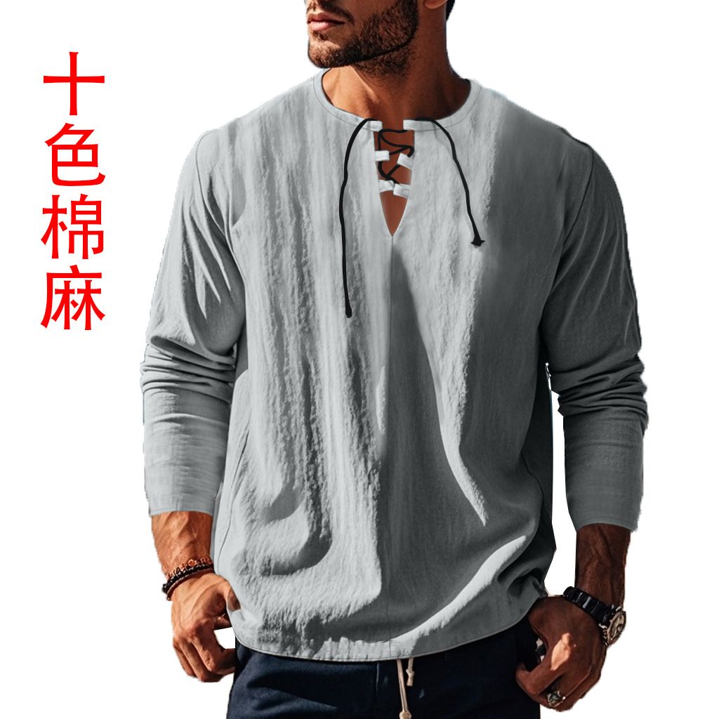 Autumn Men's Casual Ralph T-Shirt Cross-Border V-Neck with Loose Strap Solid Color Long Sleeve Cotton Linen Beach Jacket  T-Shirts