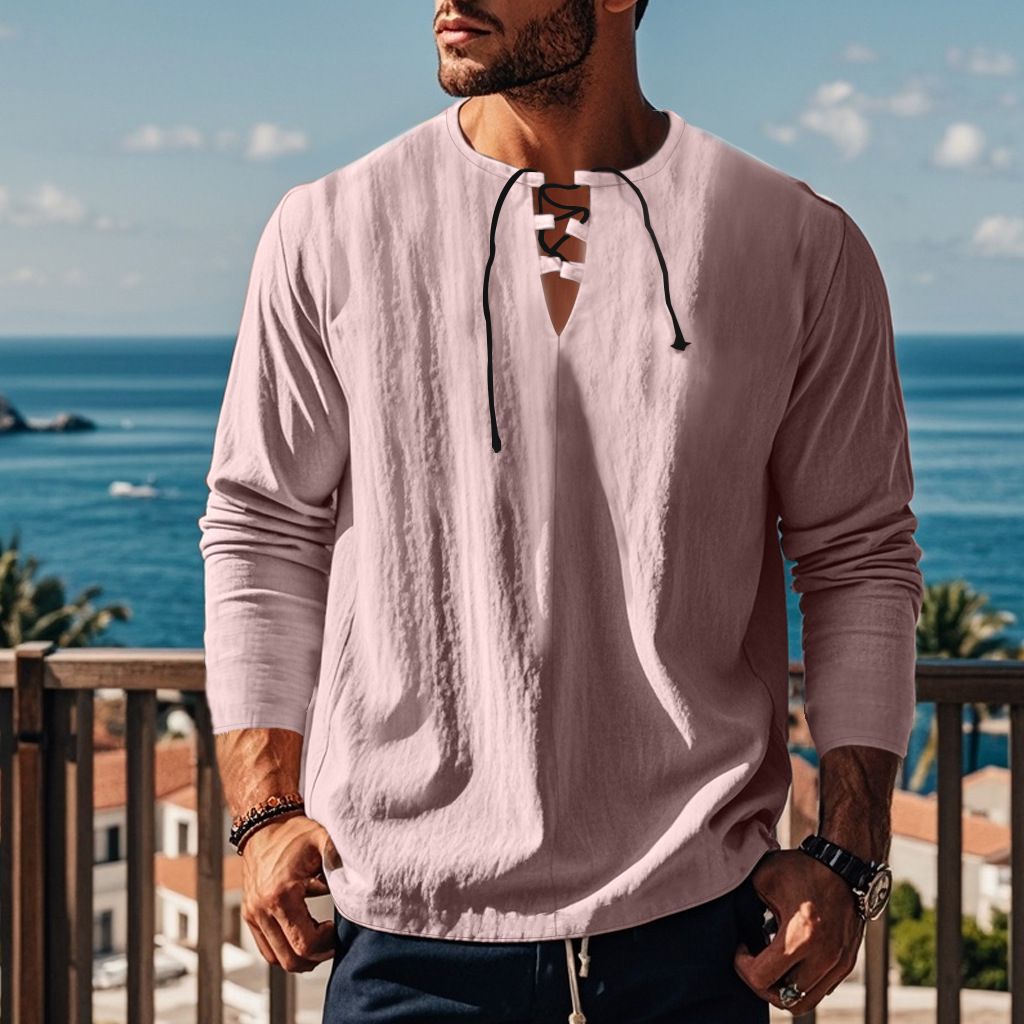 Autumn Men's Casual Ralph T-Shirt Cross-Border V-Neck with Loose Strap Solid Color Long Sleeve Cotton Linen Beach Jacket  T-Shirts