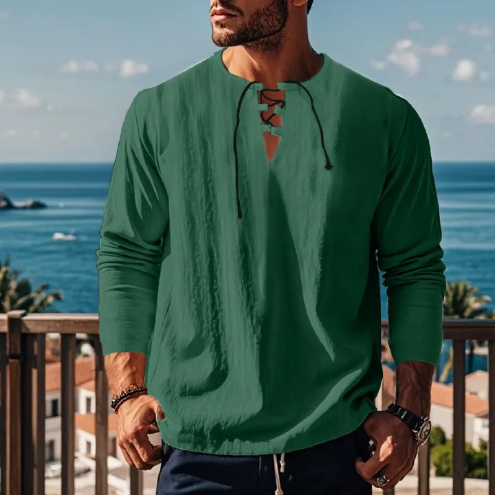Autumn Men's Casual Ralph T-Shirt Cross-Border V-Neck with Loose Strap Solid Color Long Sleeve Cotton Linen Beach Jacket  T-Shirts