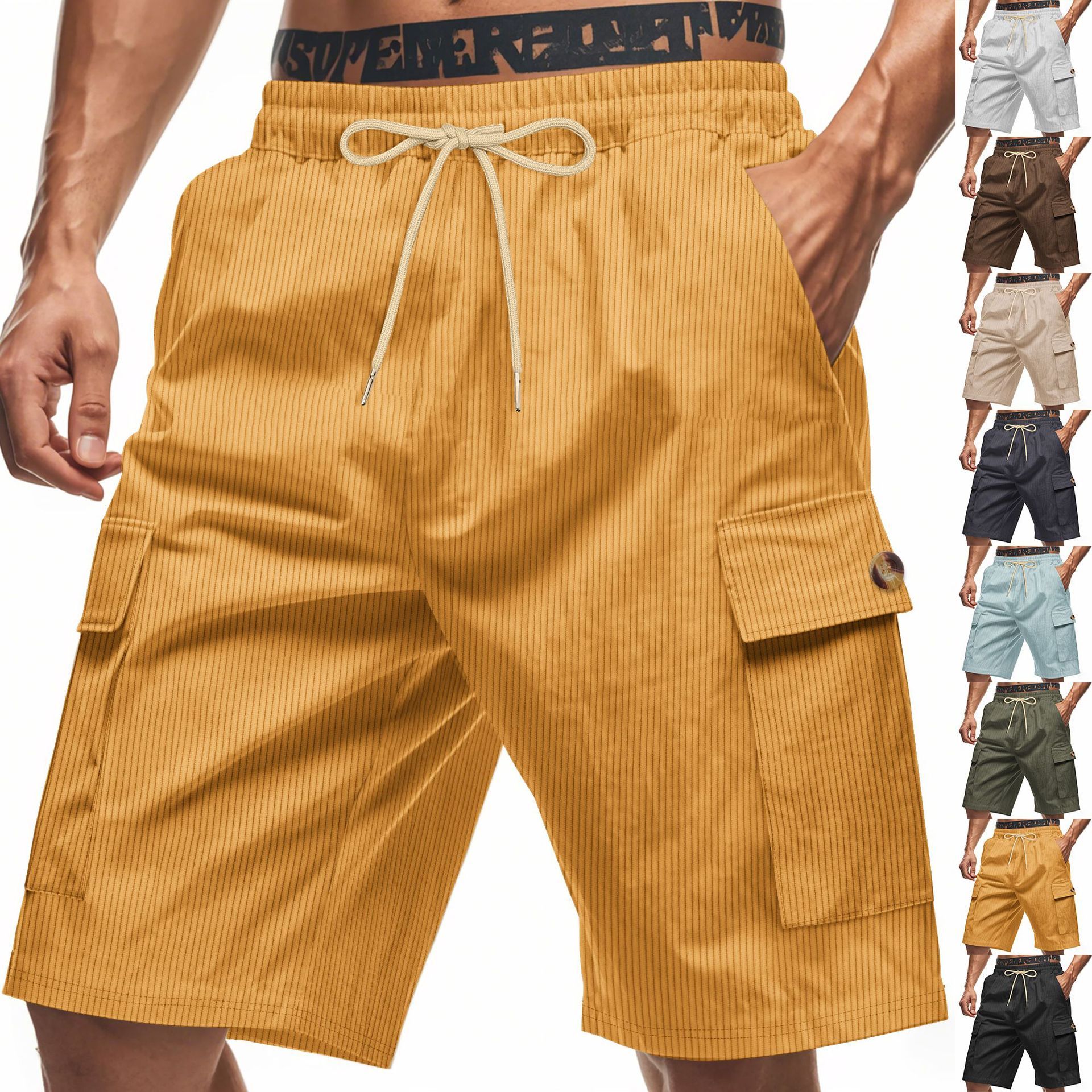 American Summer Men's Casual Solid Color Multi-Pocket Squat Jogging Shorts Mid Waist Skin-Friendly Breathable Loose Tooling   panthorts