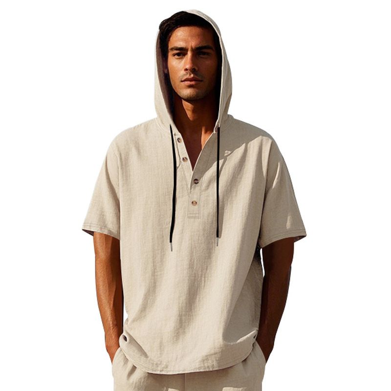 New Style Men's Summer Shirt Trendy Loose Casual Buttoned Linen Short-Sleeved Beach Hooded Short Hoodie T-Shirts