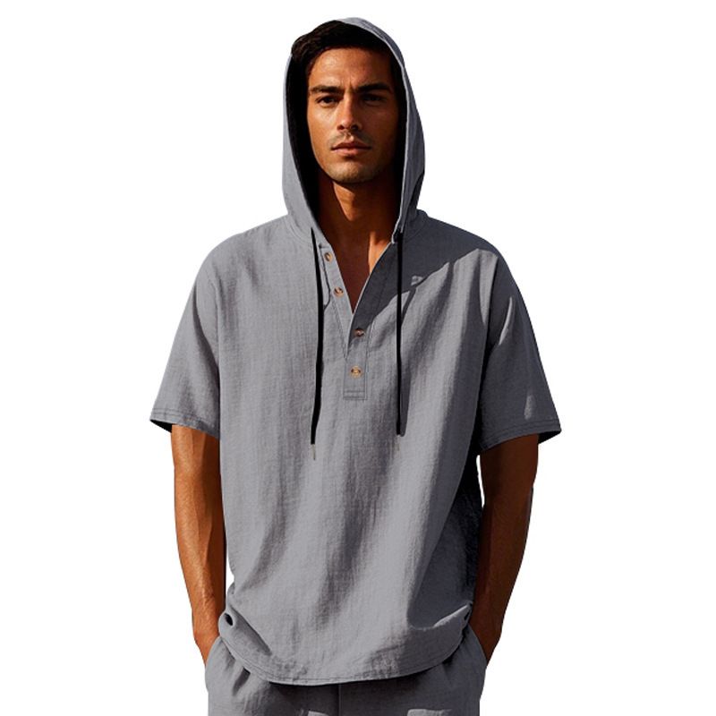 New Style Men's Summer Shirt Trendy Loose Casual Buttoned Linen Short-Sleeved Beach Hooded Short Hoodie T-Shirts