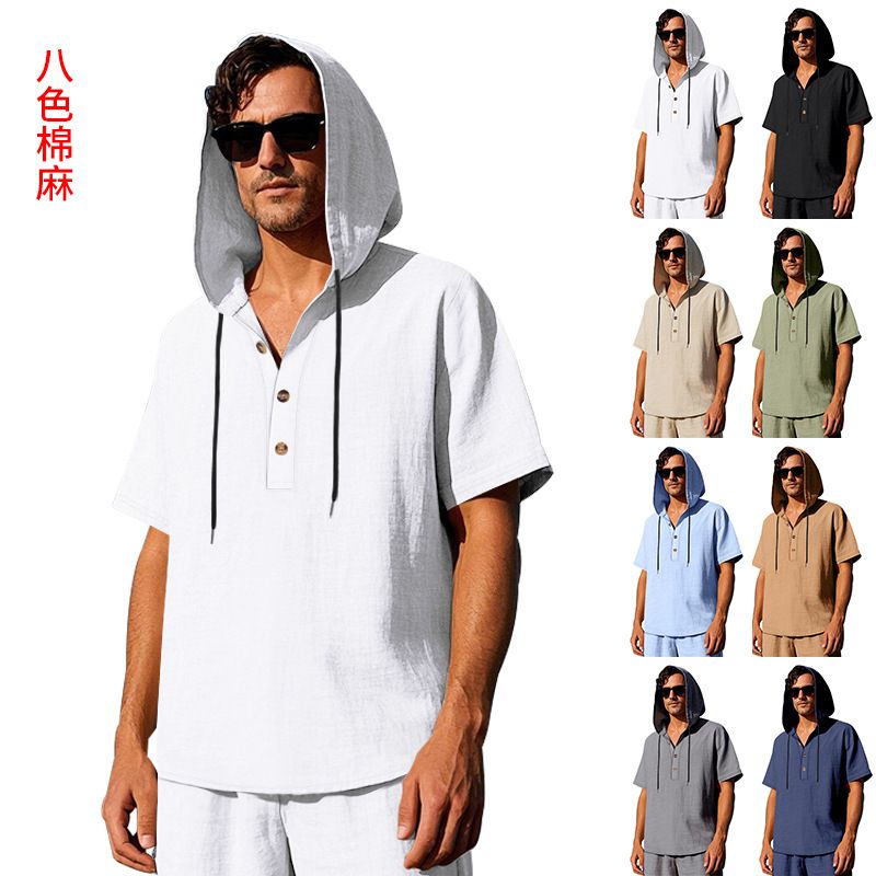 New Style Men's Summer Shirt Trendy Loose Casual Buttoned Linen Short-Sleeved Beach Hooded Short Hoodie T-Shirts