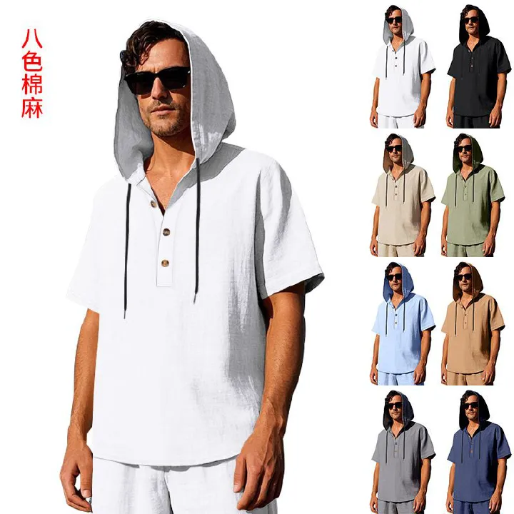 New Style Men's Summer Shirt Trendy Loose Casual Buttoned Linen Short-Sleeved Beach Hooded Short Hoodie T-Shirts