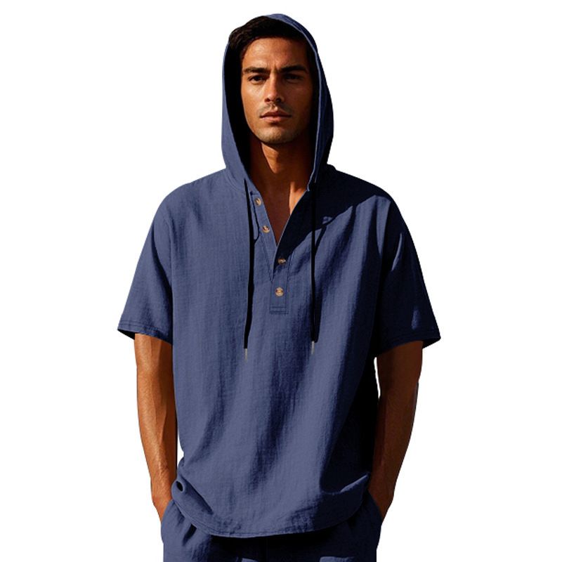 New Style Men's Summer Shirt Trendy Loose Casual Buttoned Linen Short-Sleeved Beach Hooded Short Hoodie T-Shirts