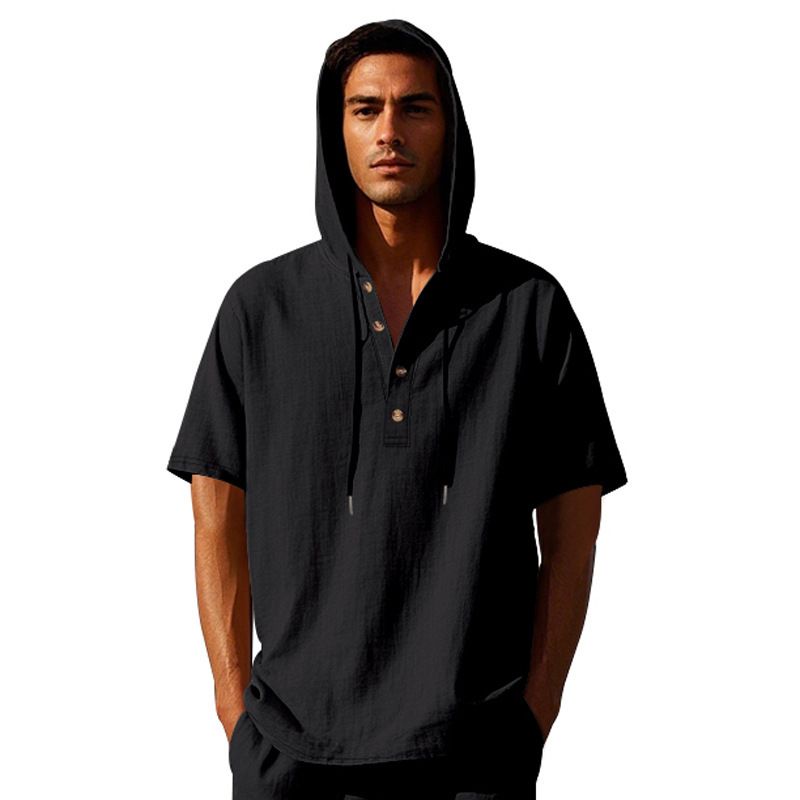 New Style Men's Summer Shirt Trendy Loose Casual Buttoned Linen Short-Sleeved Beach Hooded Short Hoodie T-Shirts