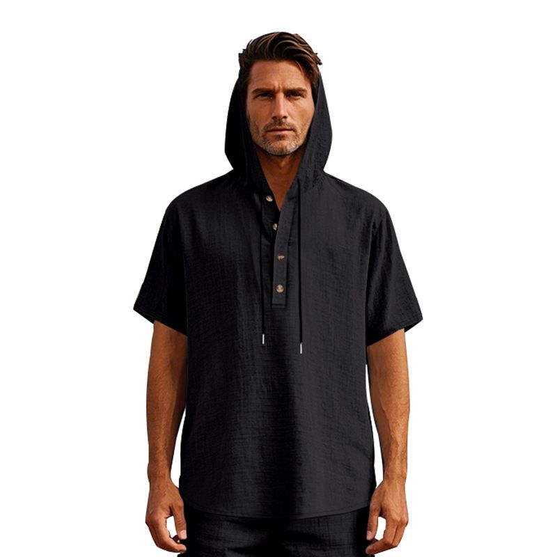 New Style Men's Summer Shirt Trendy Loose Casual Buttoned Linen Short-Sleeved Beach Hooded Short Hoodie T-Shirts