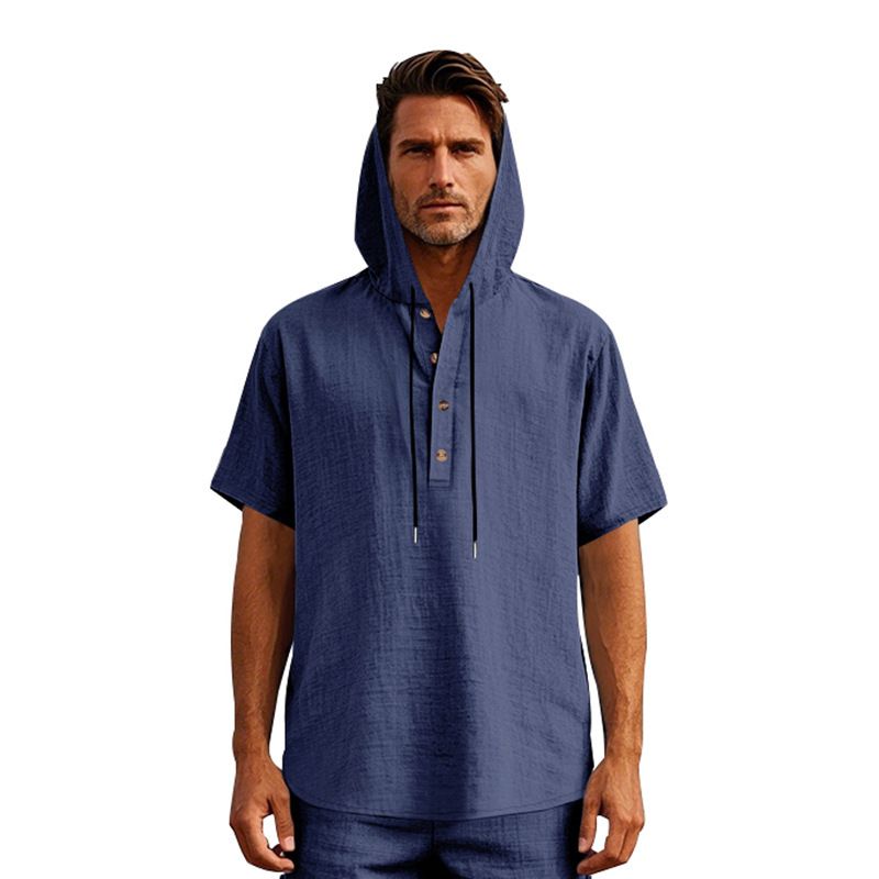 New Style Men's Summer Shirt Trendy Loose Casual Buttoned Linen Short-Sleeved Beach Hooded Short Hoodie T-Shirts