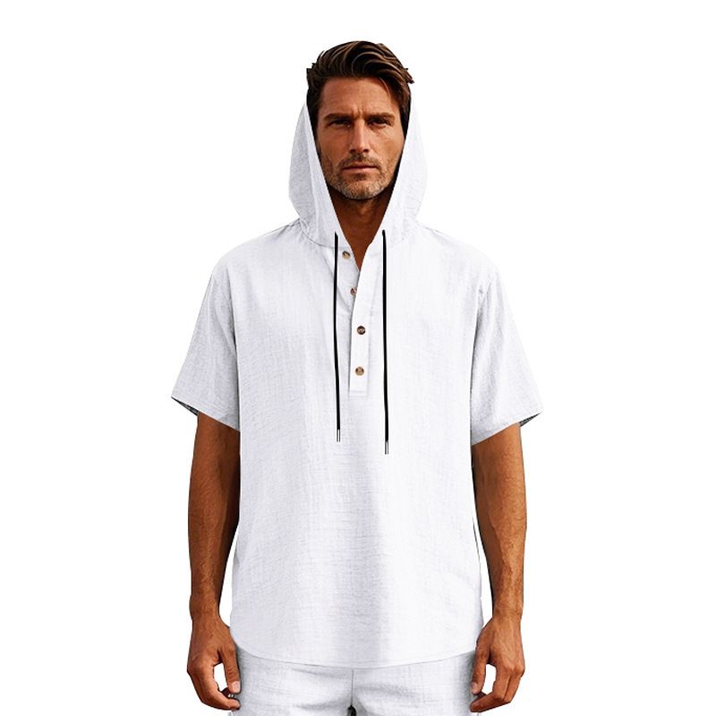 New Style Men's Summer Shirt Trendy Loose Casual Buttoned Linen Short-Sleeved Beach Hooded Short Hoodie T-Shirts