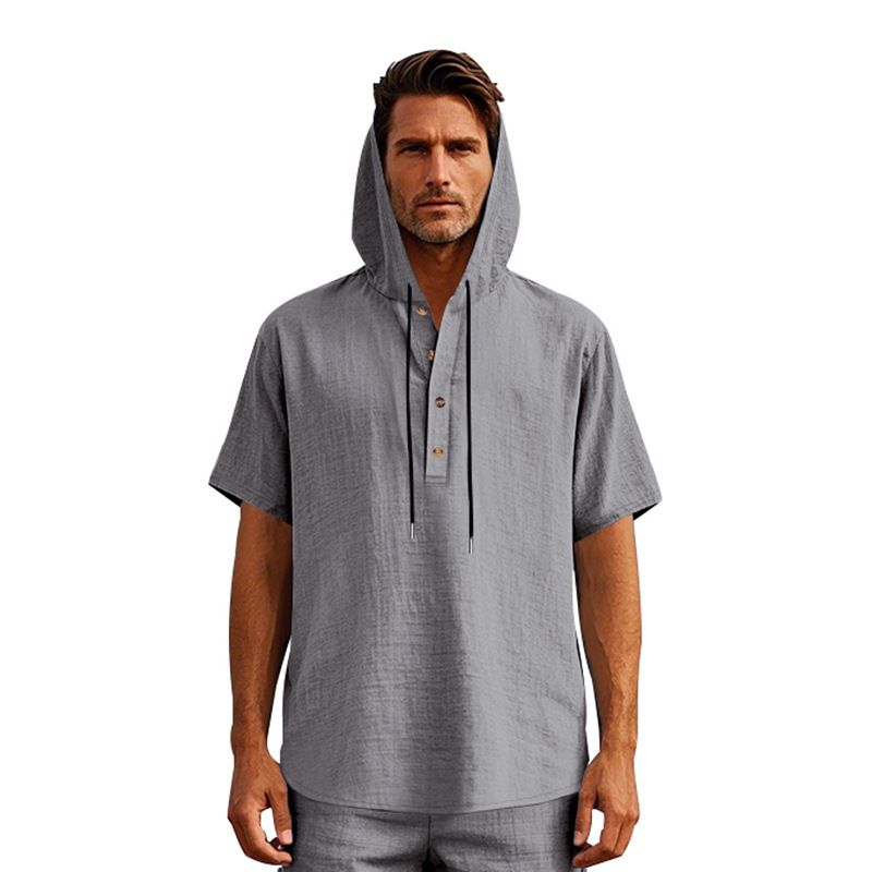 New Style Men's Summer Shirt Trendy Loose Casual Buttoned Linen Short-Sleeved Beach Hooded Short Hoodie T-Shirts