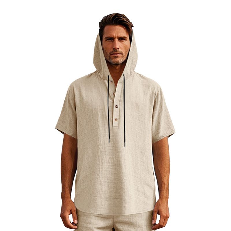 New Style Men's Summer Shirt Trendy Loose Casual Buttoned Linen Short-Sleeved Beach Hooded Short Hoodie T-Shirts