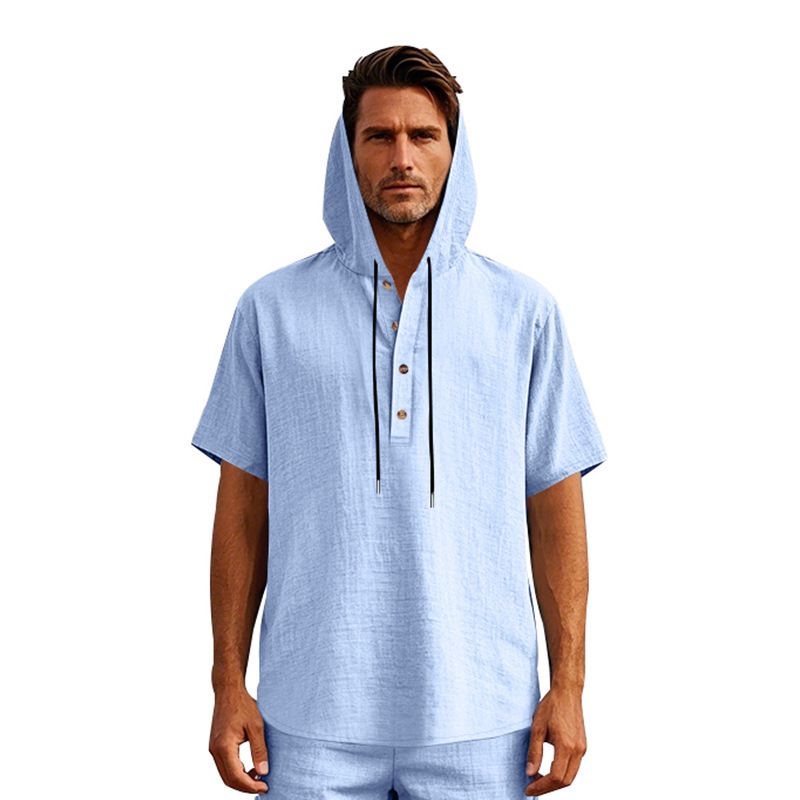 New Style Men's Summer Shirt Trendy Loose Casual Buttoned Linen Short-Sleeved Beach Hooded Short Hoodie T-Shirts