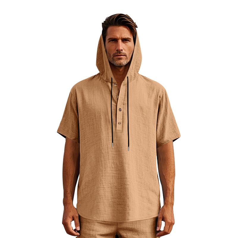 New Style Men's Summer Shirt Trendy Loose Casual Buttoned Linen Short-Sleeved Beach Hooded Short Hoodie T-Shirts