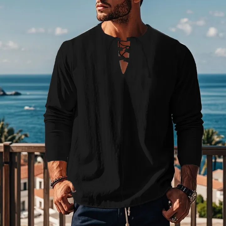 Autumn Men's Casual Ralph T-Shirt Cross-Border V-Neck with Loose Strap Solid Color Long Sleeve Cotton Linen Beach Jacket  T-Shirts